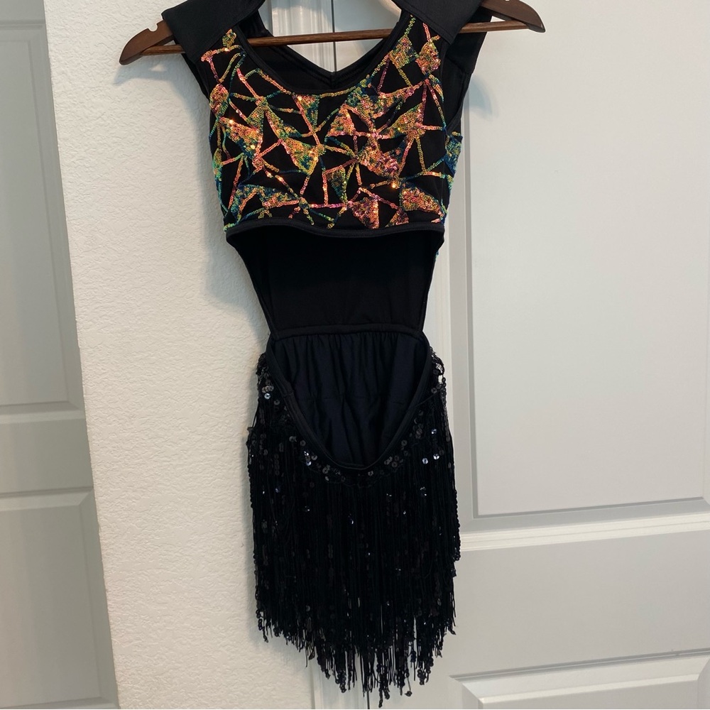 Weissman Black Dress with Multicolor Geometric Sequin Bodice and Fringe Skirt - Picture 4 of 9